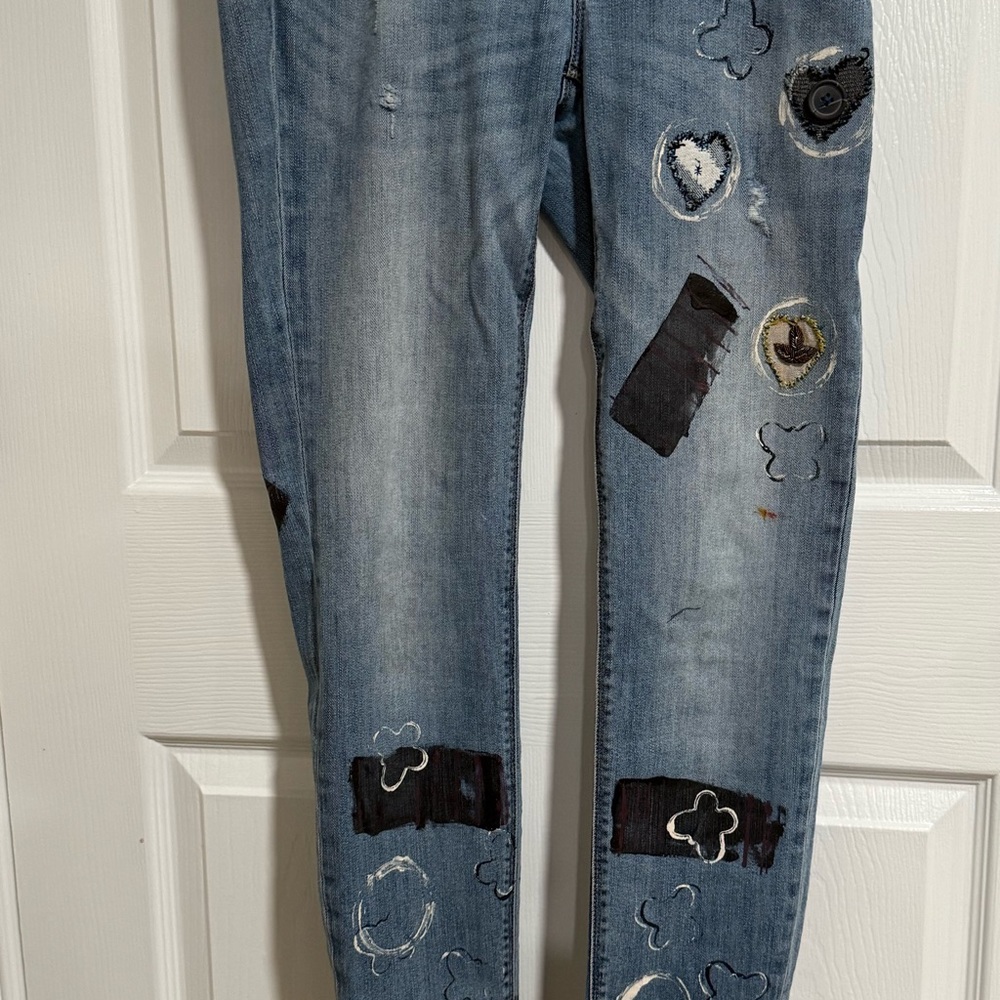 Distressed Blue Jeans With Patchwork Upcycled By … - image 1